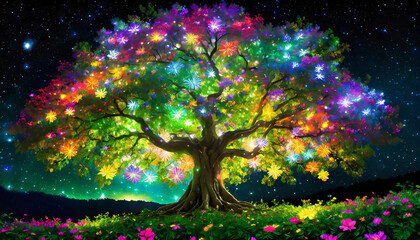 闇に光る花の大樹,アスペクト比16:9 - obrazy, fototapety, plakaty