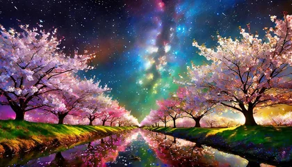 Foto op Canvas 星空と桜並木,アスペクト比16:9 © Ta.Ma