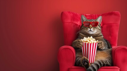 Cat relaxes in a red armchair, engrossed in a 3D movie, popcorn at paw, Ai Generated.