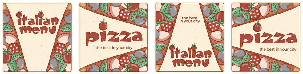 Italian fast food piece pizza. Set of poster, card, flyer. Template for cafe, restaurant or food delivery service. Vector illustration.