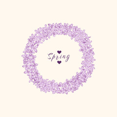 Lilac. Wreath of lilac flowers. Spring vector botanical illustration. Round frame. Engraving style. Purple.