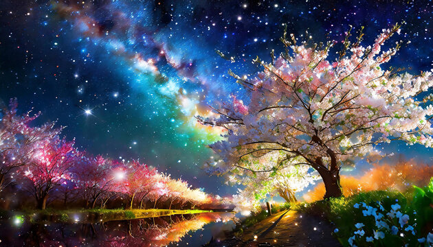 星空と夜桜,アスペクト比16:9