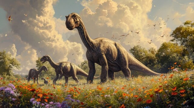 A family of Apatosaurus gather in a field of wildflowers their gentle munching creating a symphony of rustling leaves.