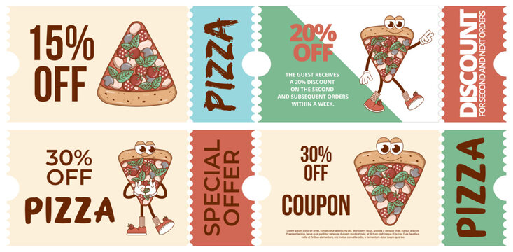 Italian fast food piece character pizza. Set of coupon promotion, discount banner, gift voucher. Retro colors. Flat style. Vector illustration.