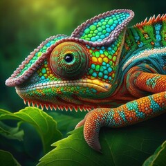 close-up of a colorful chameleon, showcasing its intricate and vibrant scales. The chameleon is perched on a green leaf, its body curving along the edge of the leaf