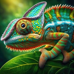 Fototapeta premium close-up of a colorful chameleon, showcasing its intricate and vibrant scales. The chameleon is perched on a green leaf, its body curving along the edge of the leaf