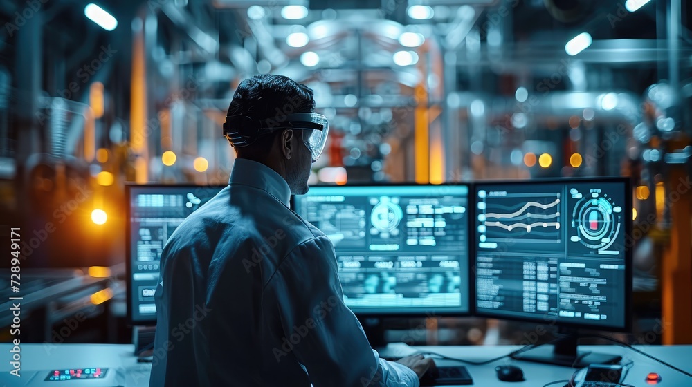 Poster Engineer monitoring a sophisticated AI dashboard showing real-time data and predictive analytics. Generative AI.