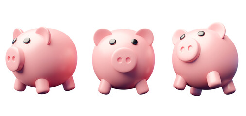 3D rendered illustration of piggy bank icon in 3 poses, isolated on transparent background. For decoration, finance, business, saving money.