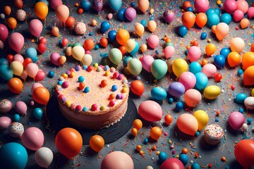 Fototapeta na wymiar Generative Ai of a birthday cake and balloons.