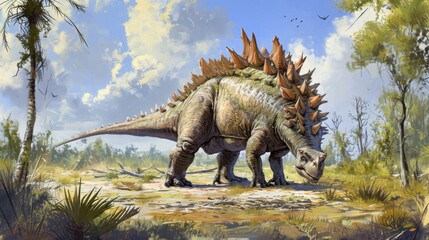 A stegosaurus using its spiked tail as a defense mechanism while grazing on vegetation in the open savanna.