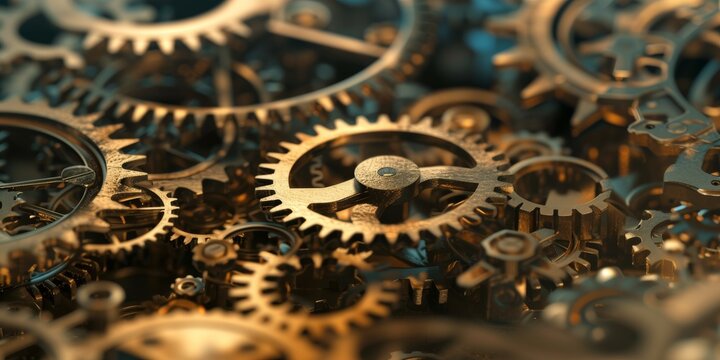 Surreal clockwork gears, with an abstract arrangement of mechanical parts in metallic tones, suggesting the complexity of time