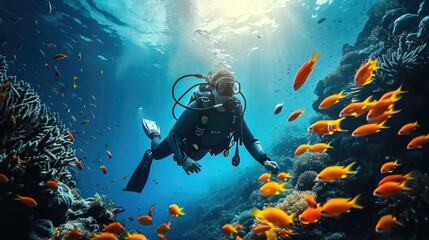 A professional diver scuba swimming and observing fishes and corals in a blue ocean with a...