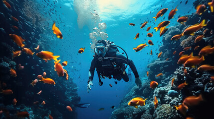 A professional diver scuba swimming and observing fishes and corals in a blue ocean with a fascinating reef view. Generative AI. - obrazy, fototapety, plakaty