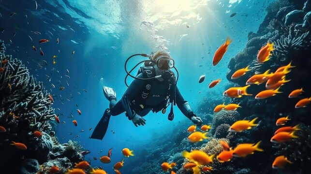 A professional diver scuba swimming and observing fishes and corals in a blue ocean with a fascinating reef view. Generative AI.