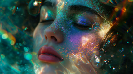 A beautiful moment captured as a woman, her eyes closed in bliss, is surrounded by a whimsical bubble of glittery magic