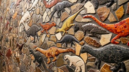 A stunning mosaic wall adorned with various types of dinosaur footprints showcasing the vast diversity of prehistoric creatures.
