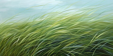 Whispering grasses, with flowing lines and shades of green, capturing the gentle sway of grass in the wind - obrazy, fototapety, plakaty