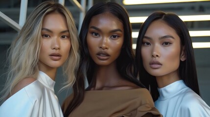 Obraz premium Three beautiful female models standing next to each other at a fashion ad show, different ethnicity symbolizing diversity equality and equity. Generative AI.