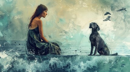 A woman and dog sitting by the ocean
