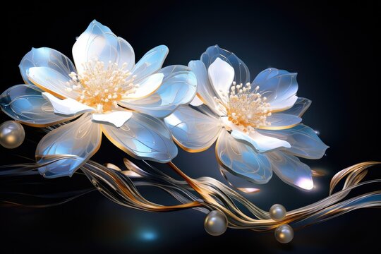 Two white flowers stand out against a striking black background, creating a stark contrast in this captivating photo.