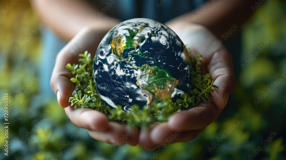 Poster earth is on hand, grass, leaf, the globe has maps on it and environmental map. green grass and plant