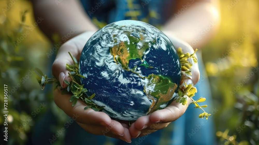 Poster earth is on hand, grass, leaf, the globe has maps on it and environmental map. green grass and plant