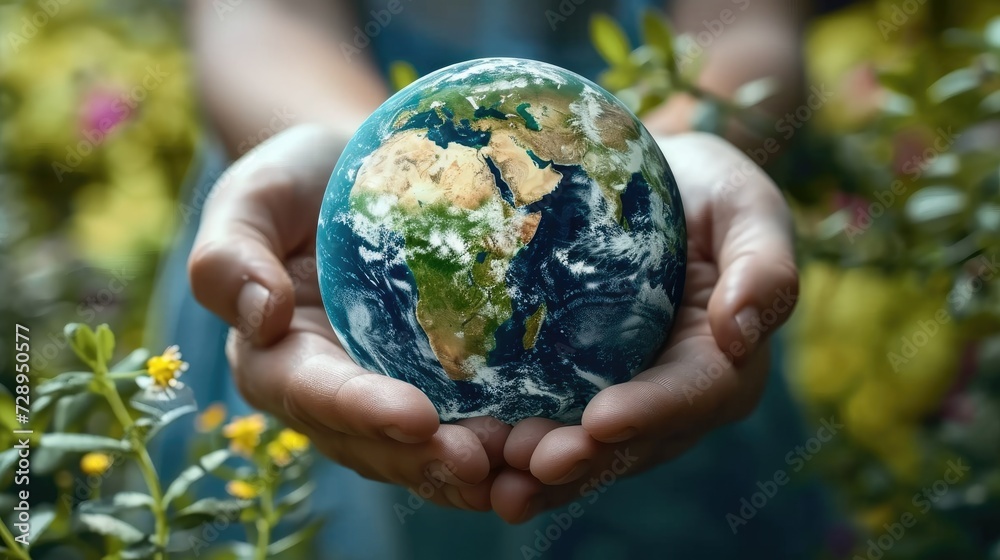 Poster earth is on hand, grass, leaf, the globe has maps on it and environmental map. green grass and plant