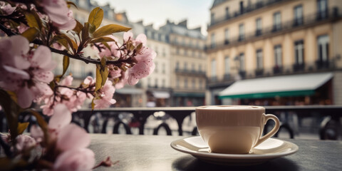 Cup of Coffee on a table in cafe outdoor and cherry blossom in Paris, France. Coffee and Flowers. Spring Coffee