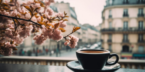 Cup of Coffee on a table in cafe outdoor and cherry blossom in Paris, France. Spring Coffee. Coffee and Flowers - obrazy, fototapety, plakaty
