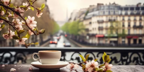 Fotobehang Cup of coffee and blooming branch of cherry in Paris, France. Coffee and Flowers. Spring Coffee. Coffee in the city, outdoor © maxa0109