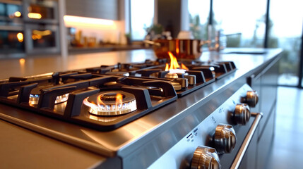 A stove cook with blue flames burning, modern gas stove in a modern kitchen. Generative AI.