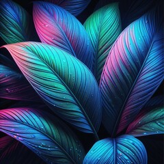 close-up view of tropical leaves that are illuminated with vibrant, multi-colored lighting. Each leaf is distinctly outlined and detailed, showcasing the natural patterns and textures of the foliage