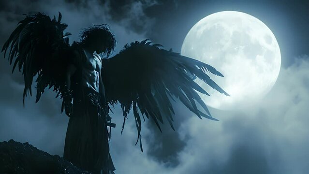 A male gothic angel with tousled black hair and sharp features stands atop a moonlit hill his dark wings fluttering in the cool night breeze.