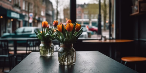 Tulips in a vase on a table in a cafe. Springtime in Amsterdam, Netherlands. Spring flowers in interior