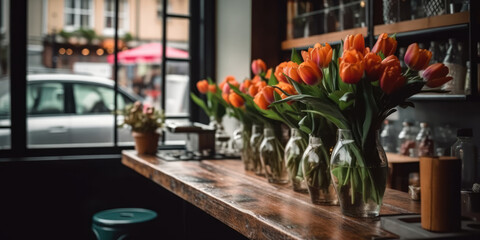 Bouquets of tulips in vases on table in cafe. Spring Flowers in interior