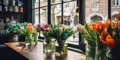 Bouquets of colorful tulips in vases on a table in cafe against the background of the window. Springtime in Amsterdam, Netherlands. Spring Flowers in interior - obrazy, fototapety, plakaty
