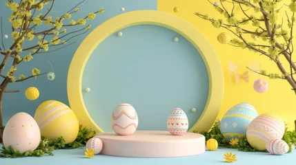 Fotobehang Set of 3D happy easter day background. Platforms mockup product display. Abstract composition minimal design. Stage showcase. © Absent Satu
