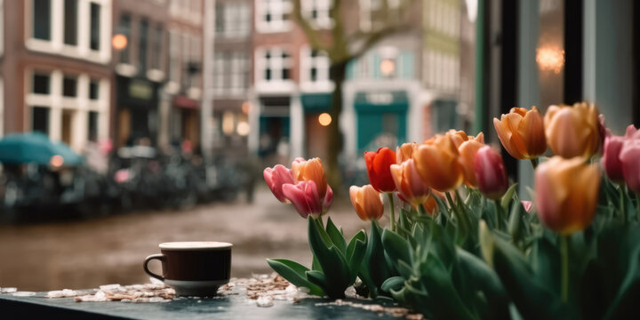 Coffee cup and tulips in cafe in the old town of Amsterdam. Coffee and Spring Flowers