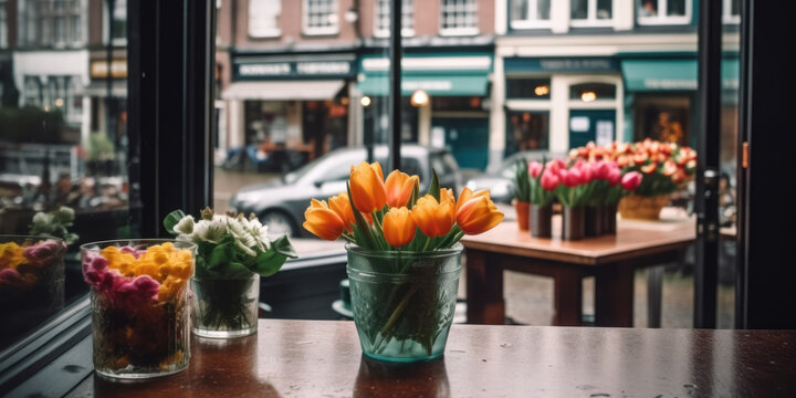 Bouquets of colorful tulips in vases on a table in cafe against the background of window. Springtime in Amsterdam, Netherlands. Tulpen dag. Spring Flowers in interior