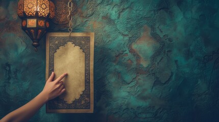 hand touching an ornately framed piece of parchment hanging on a textured teal wall and lantern hangs from the ceiling