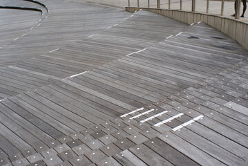 Fototapeta premium Steps on natural bleached wooden pavement.Perspective natural wooden floor. Horizontal shot.Tokyo,Japan