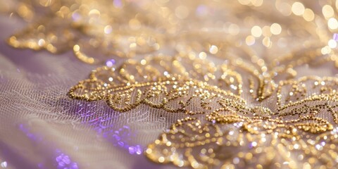 A closeup of vintage lace patterns in gold and purple, complemented by glitter confetti and sunlit for an antique bokeh charm