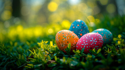 easter eggs on grass background with copy space