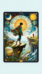 tarot card, capturing the essence of innocence, spontaneity, and boundless potential with a figure stepping off a cliff, ready for a new journey