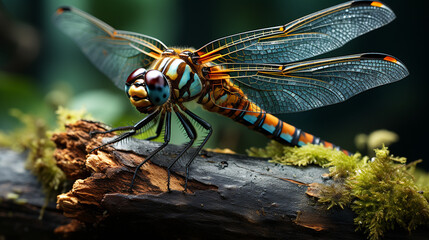 A dragonfly's intricate wings are highlighted against the vibrant hues of a summer garden