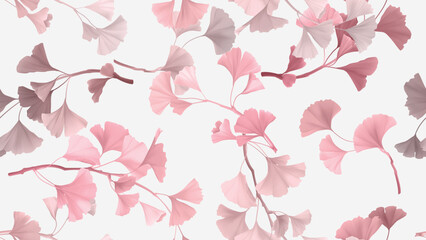 Seamless pattern, pink ginkgo leaves on light grey background - 728953711