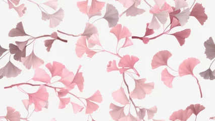 Fotobehang Seamless pattern, pink ginkgo leaves on light grey background © momosama