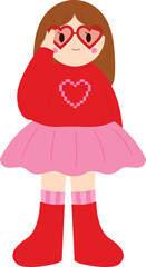 Nerdy girl Valentine's illustration,Heart elements with a nerdy girl