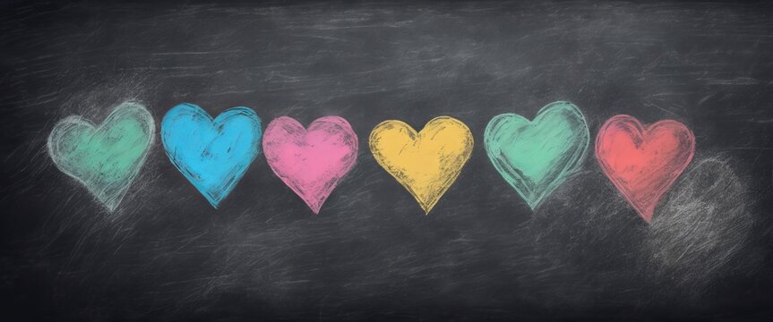 Six colorful hearts drawn with chalk on a blackboard. 