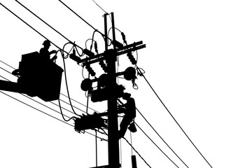 Silhouette of Electrician lineman worker at climbing work on the electric post power pole